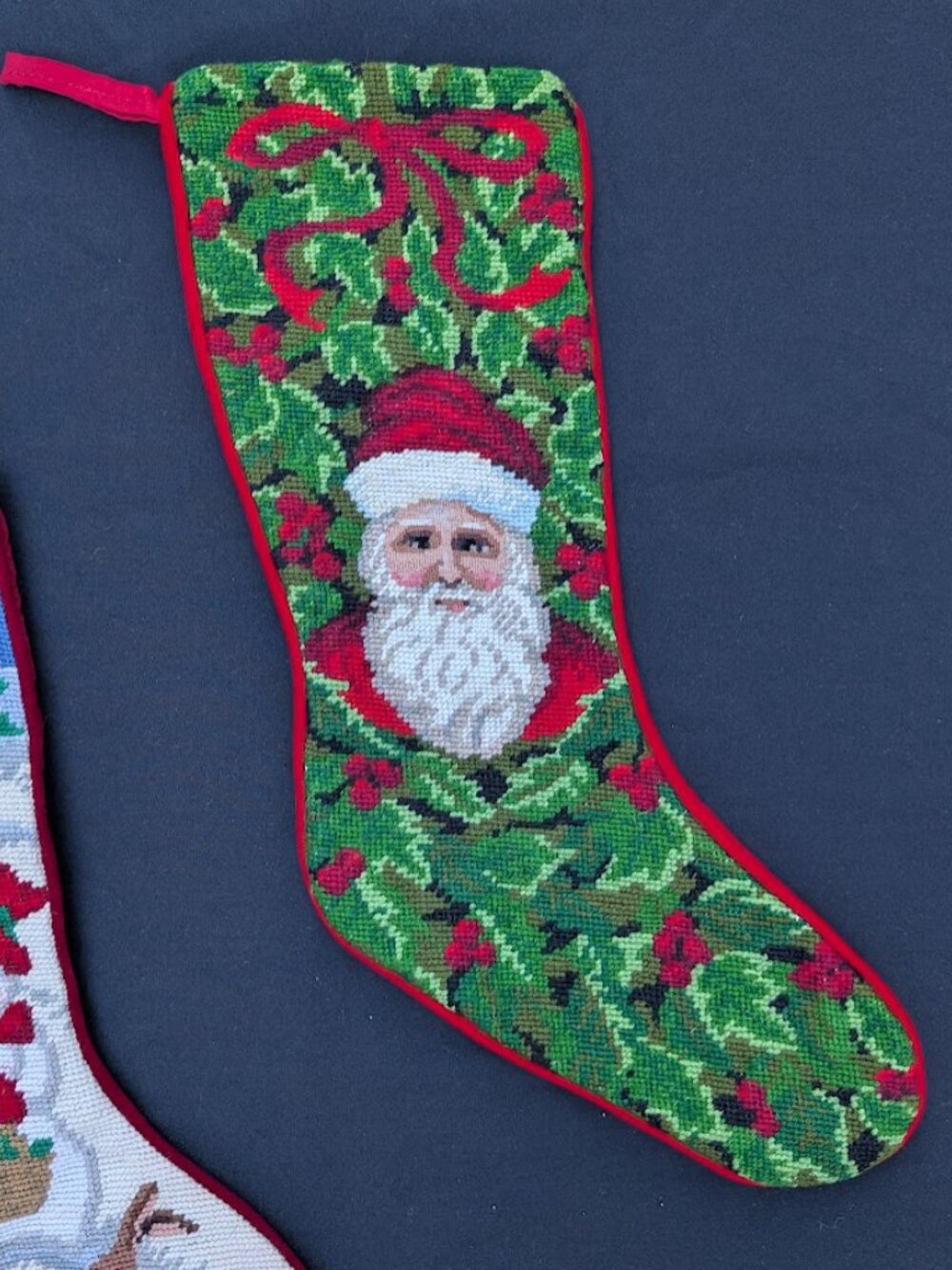Vintage Handmade Christmas Wool Needlepoint Stocking Santa & Holly Christmas